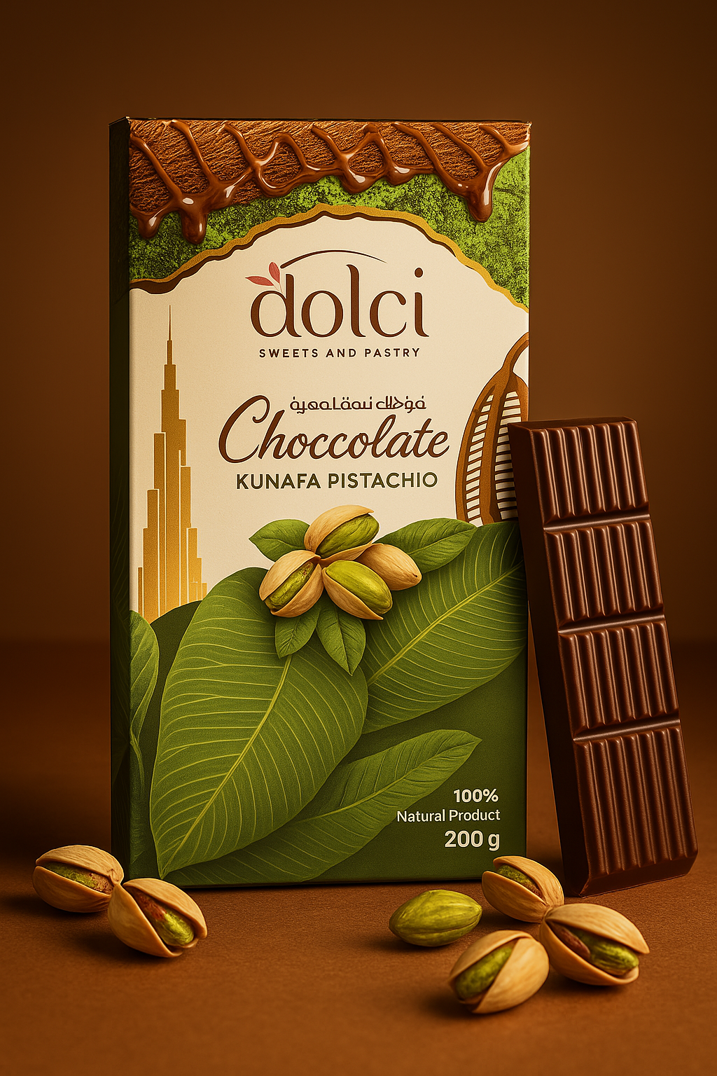 Tablette de chocolat pistache Dubai kunafa 200 g - Dolci